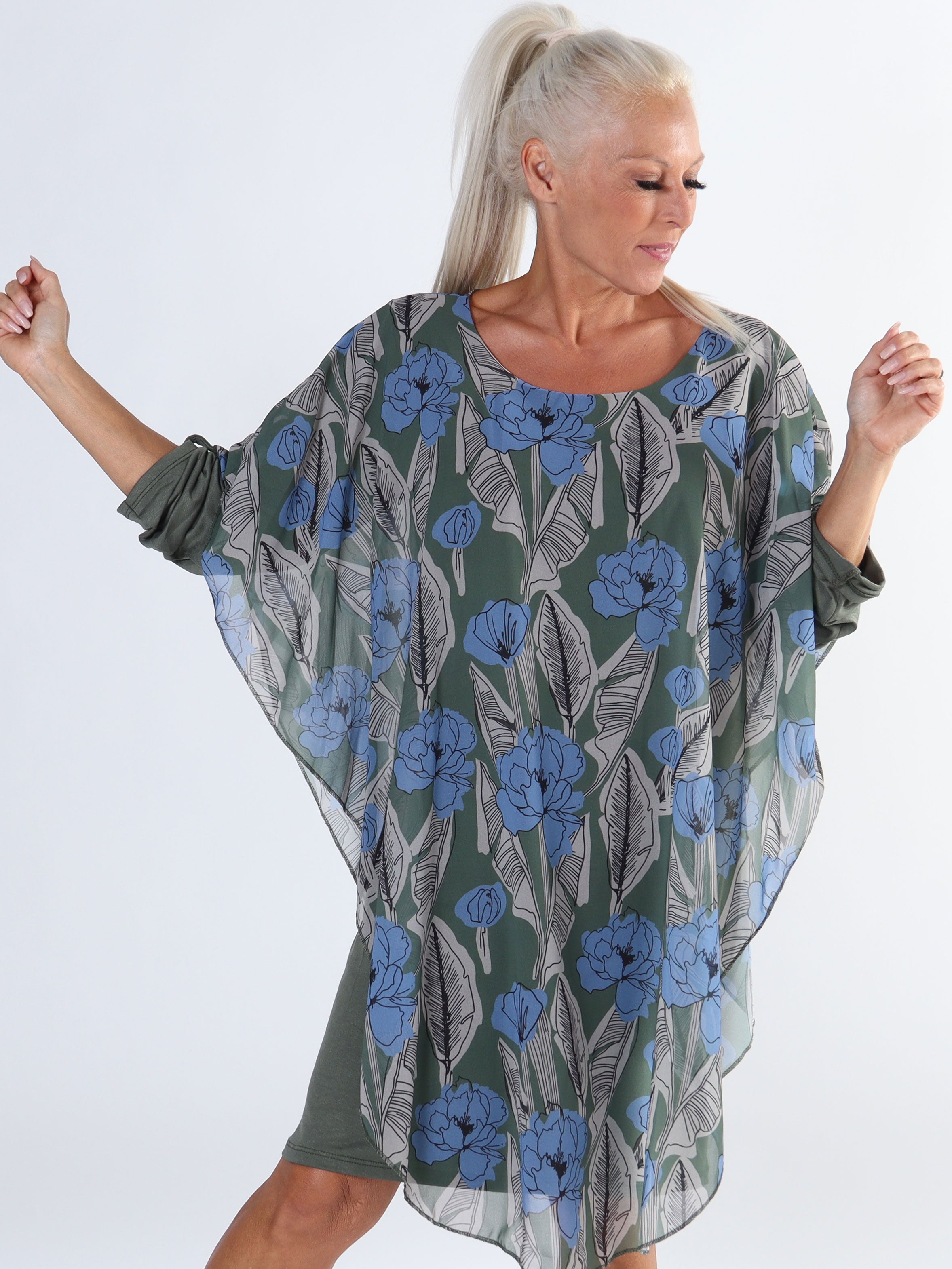 Kenya Feather Long Sleeve - Plus size tunikaklänning med chiffonglager
